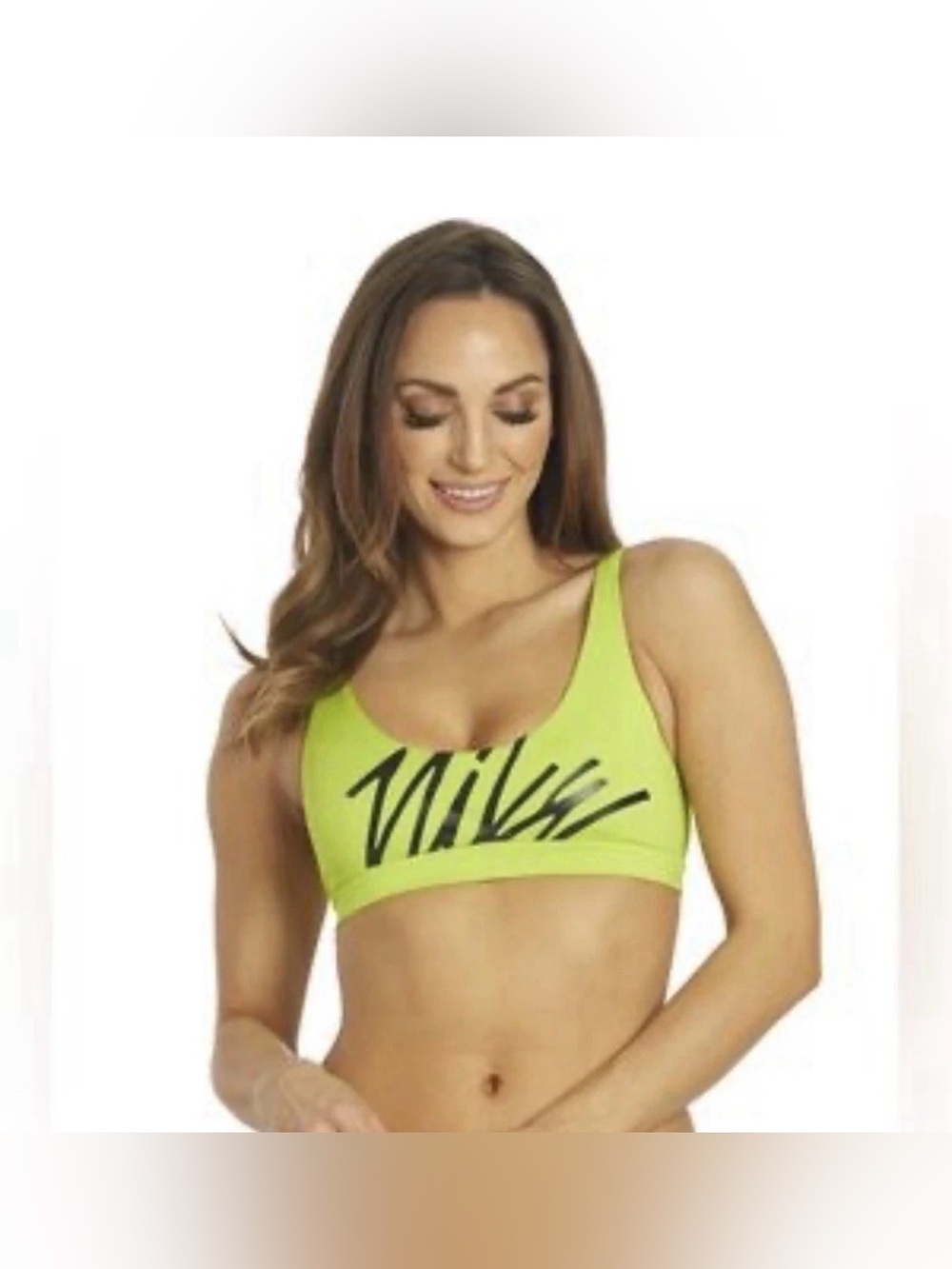 Nike Neon Green Logo Bikini Top Size Large Sporty Swim Scoop Neck Swimsuit New